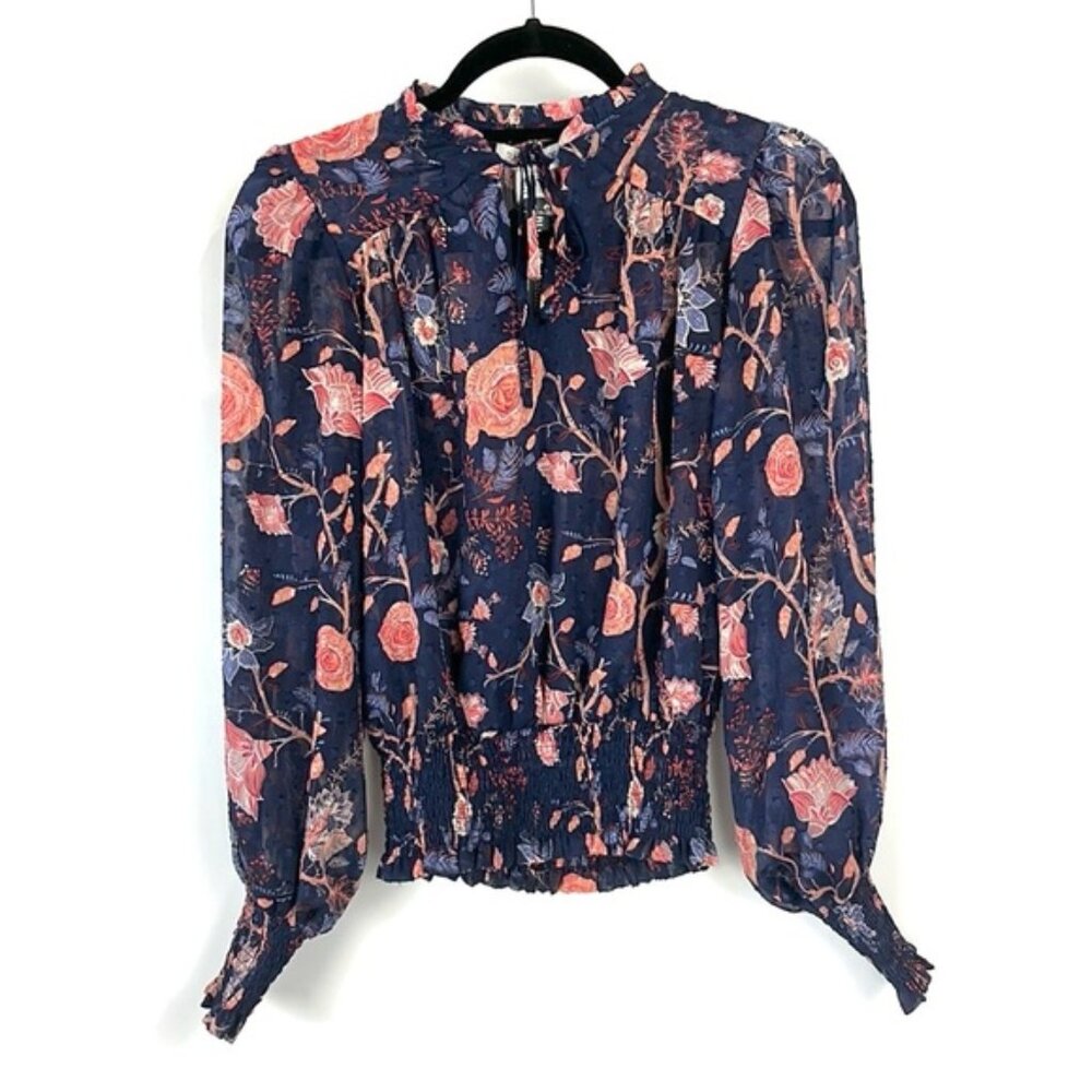 Rachel Zoe Navy Floral Smocked Tie-Neck Blouse
